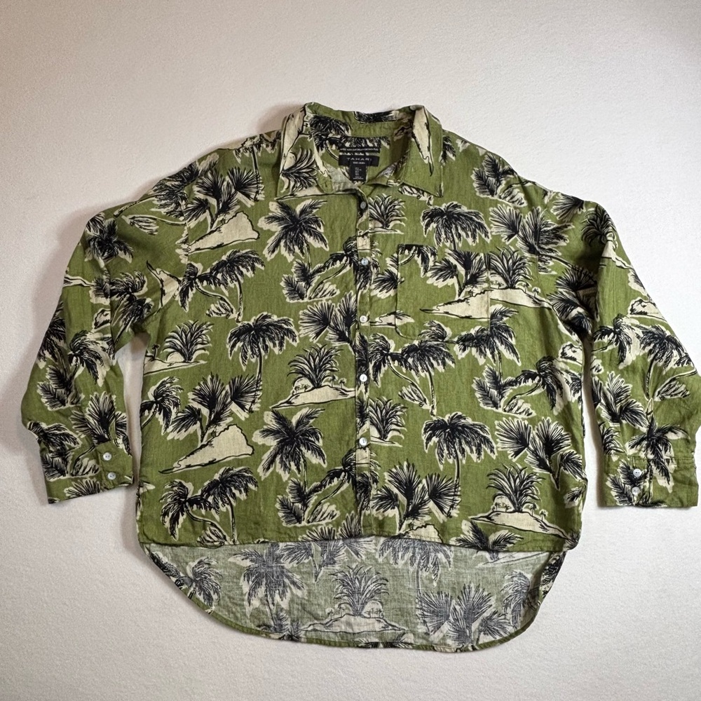 Tahari Green Palm Print Button Down Shirt Size L - Picture 2 of 7